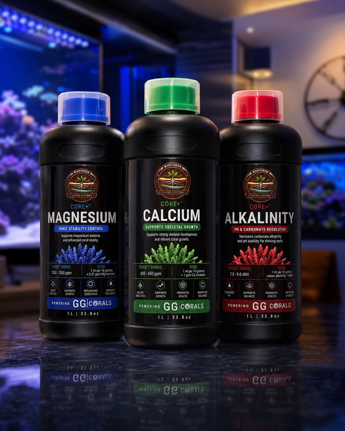 Three BioForge Core+ dosing bottles
