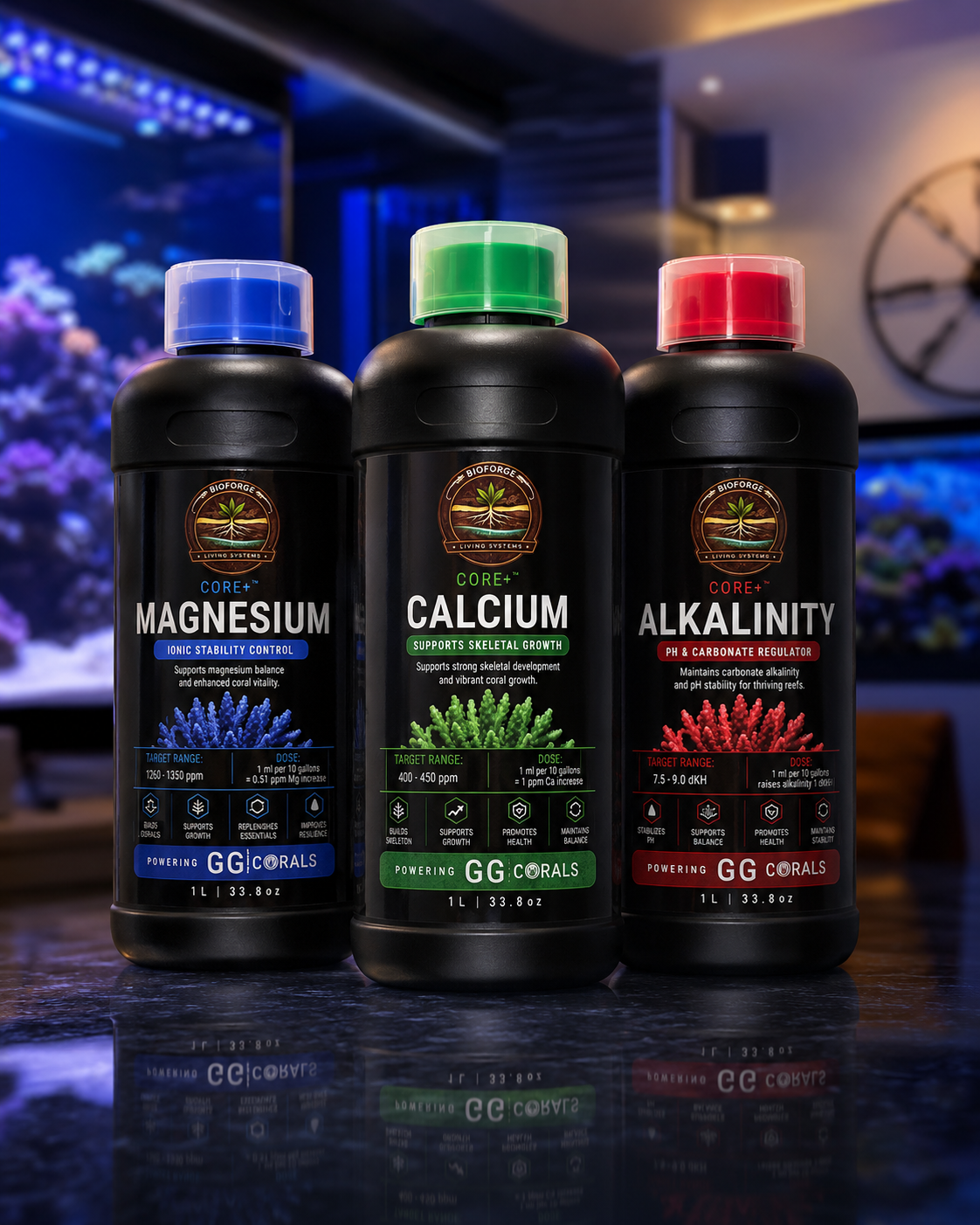BioForge Core+ Magnesium, Calcium, and Alkalinity, 1L bottles with color-coded caps