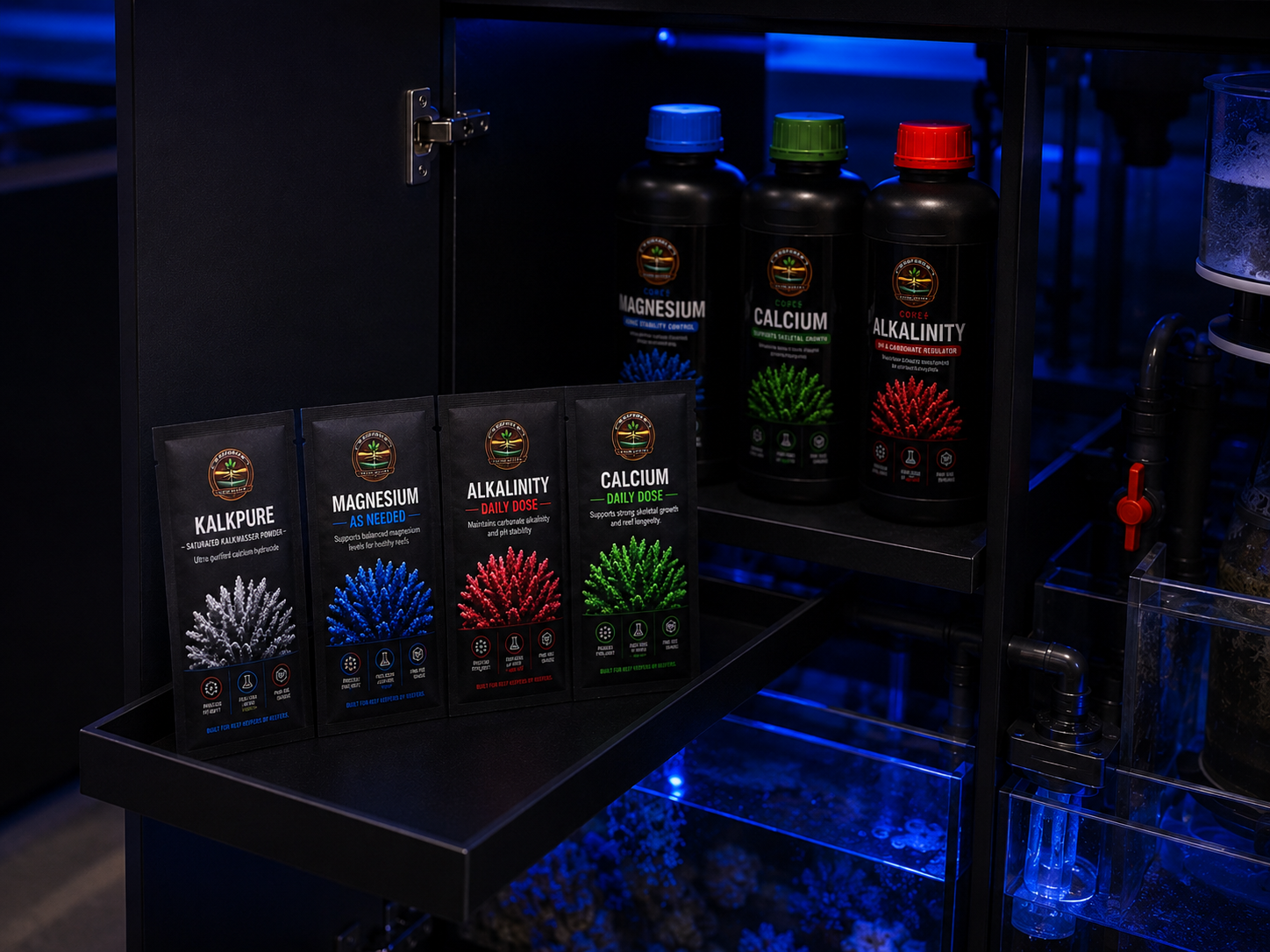 BioForge Core+ complete product lineup. Kalkpure, Magnesium, Alkalinity, and Calcium pouches with 1L dosing bottles in a reef cabinet