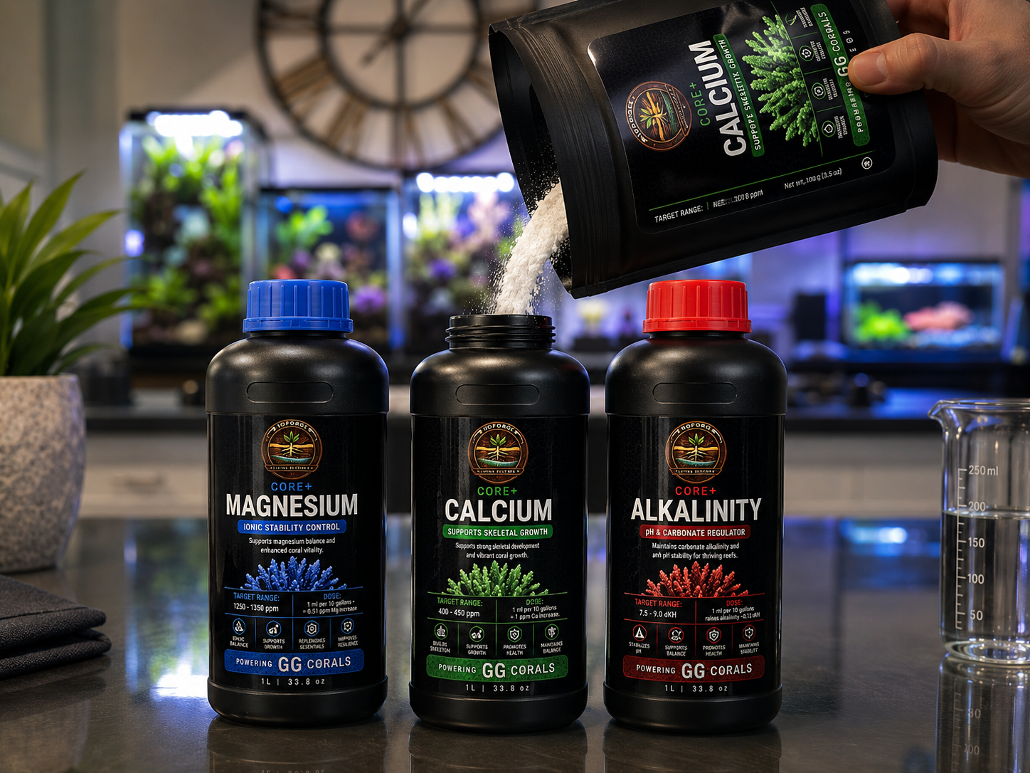 Core+ Calcium powder being poured from pouch into 1L mixing bottles. Magnesium, Calcium, and Alkalinity bottles in the foreground