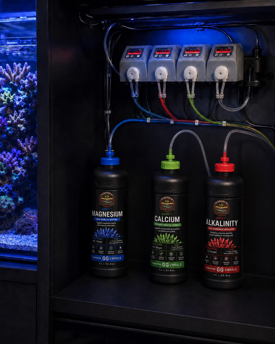 BioForge Core+ dosing system. Magnesium, Calcium, and Alkalinity 1L bottles connected to peristaltic pumps inside a reef cabinet