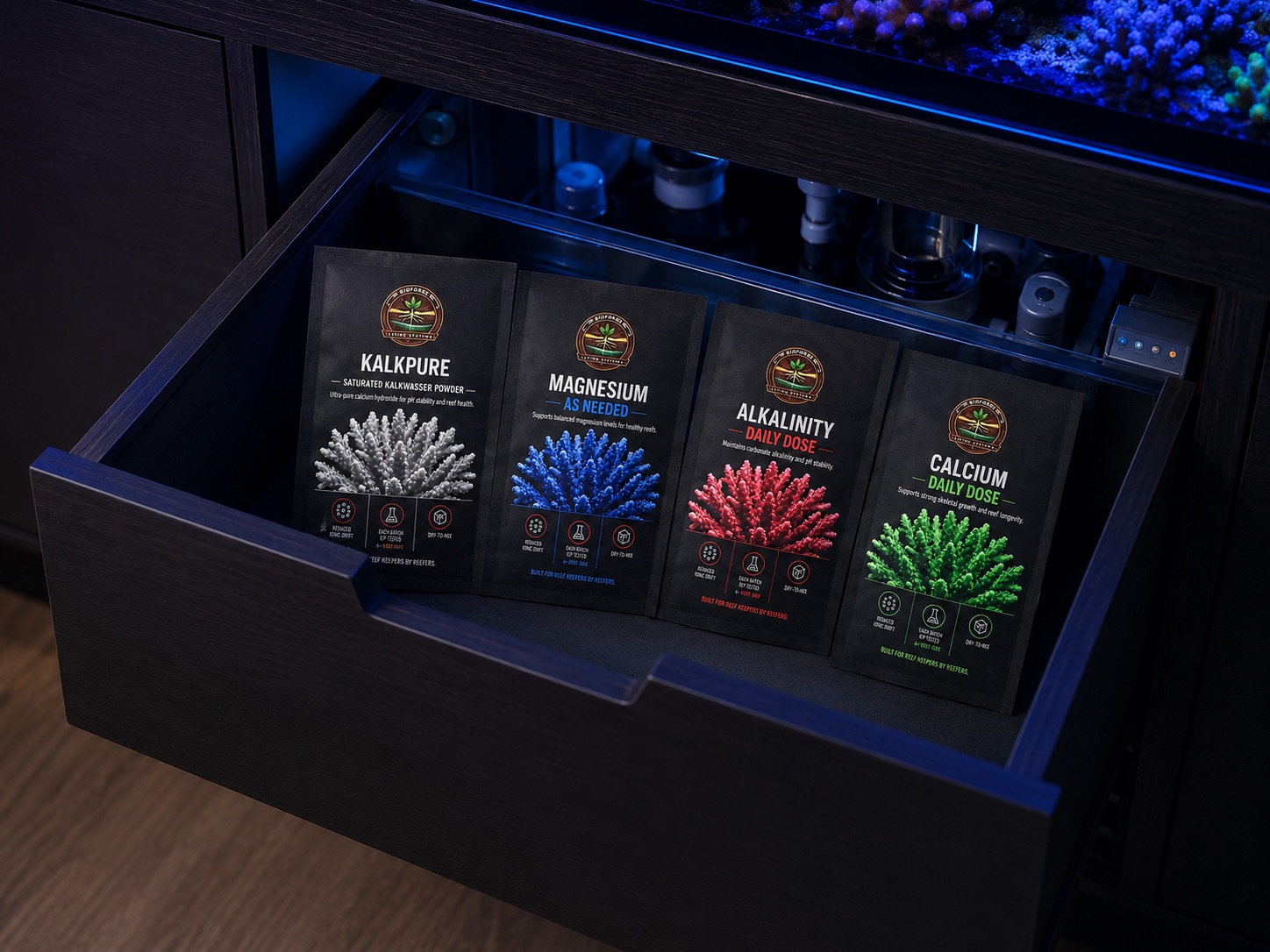 BioForge chemistry refill packets stored beneath a reef aquarium