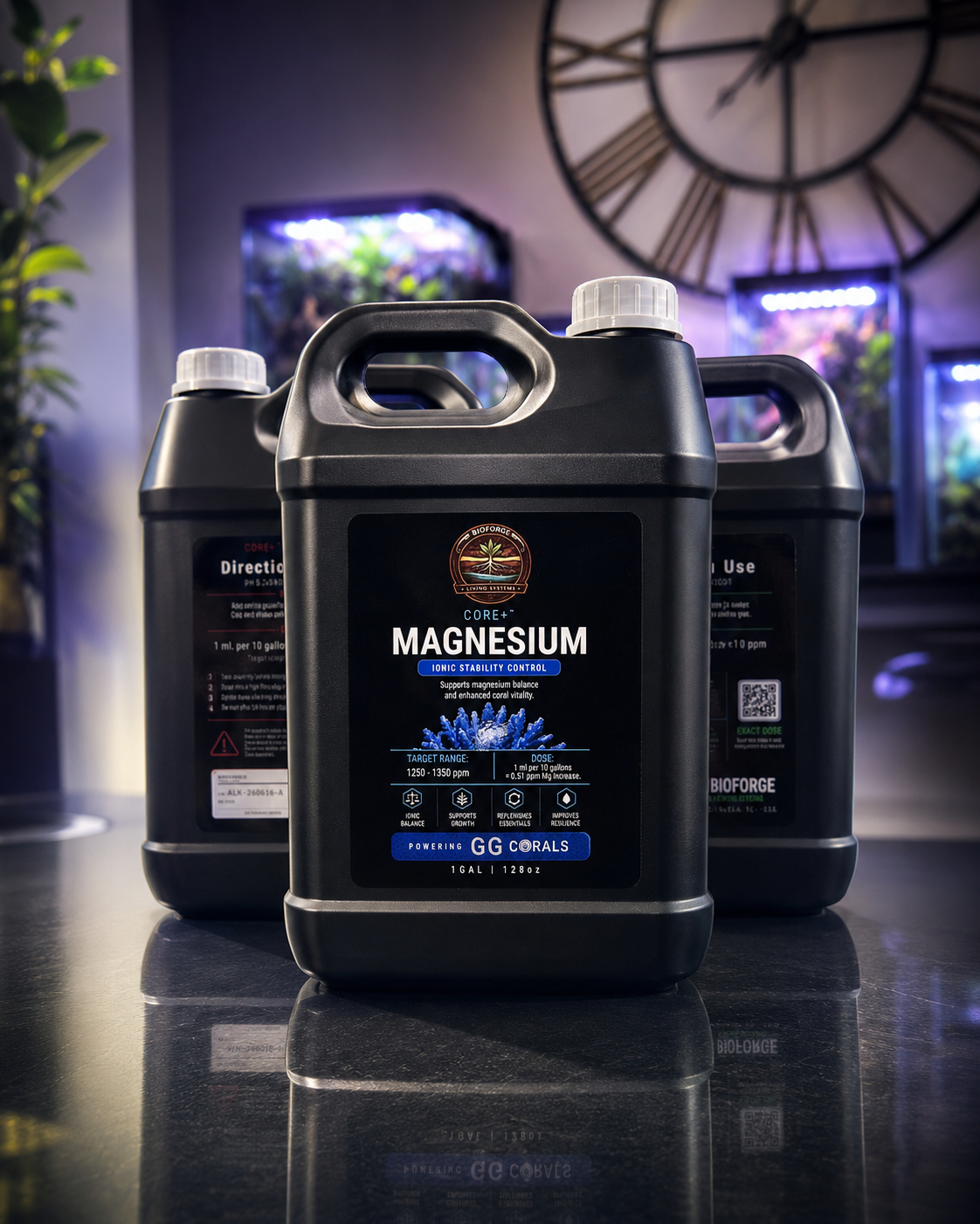 BioForge Core+ 4L bulk containers — Magnesium, Calcium, and Alkalinity gallon jugs with color-coded caps