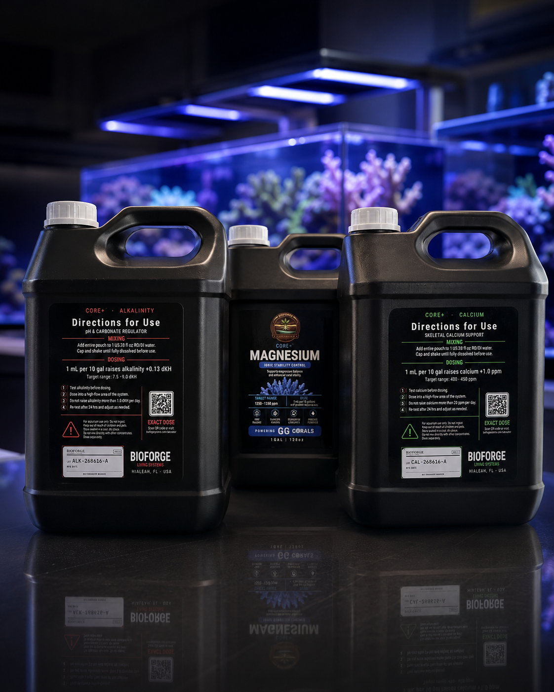BioForge Core+ 4L bulk containers — Alkalinity and Calcium directions for use labels with Magnesium jug centered