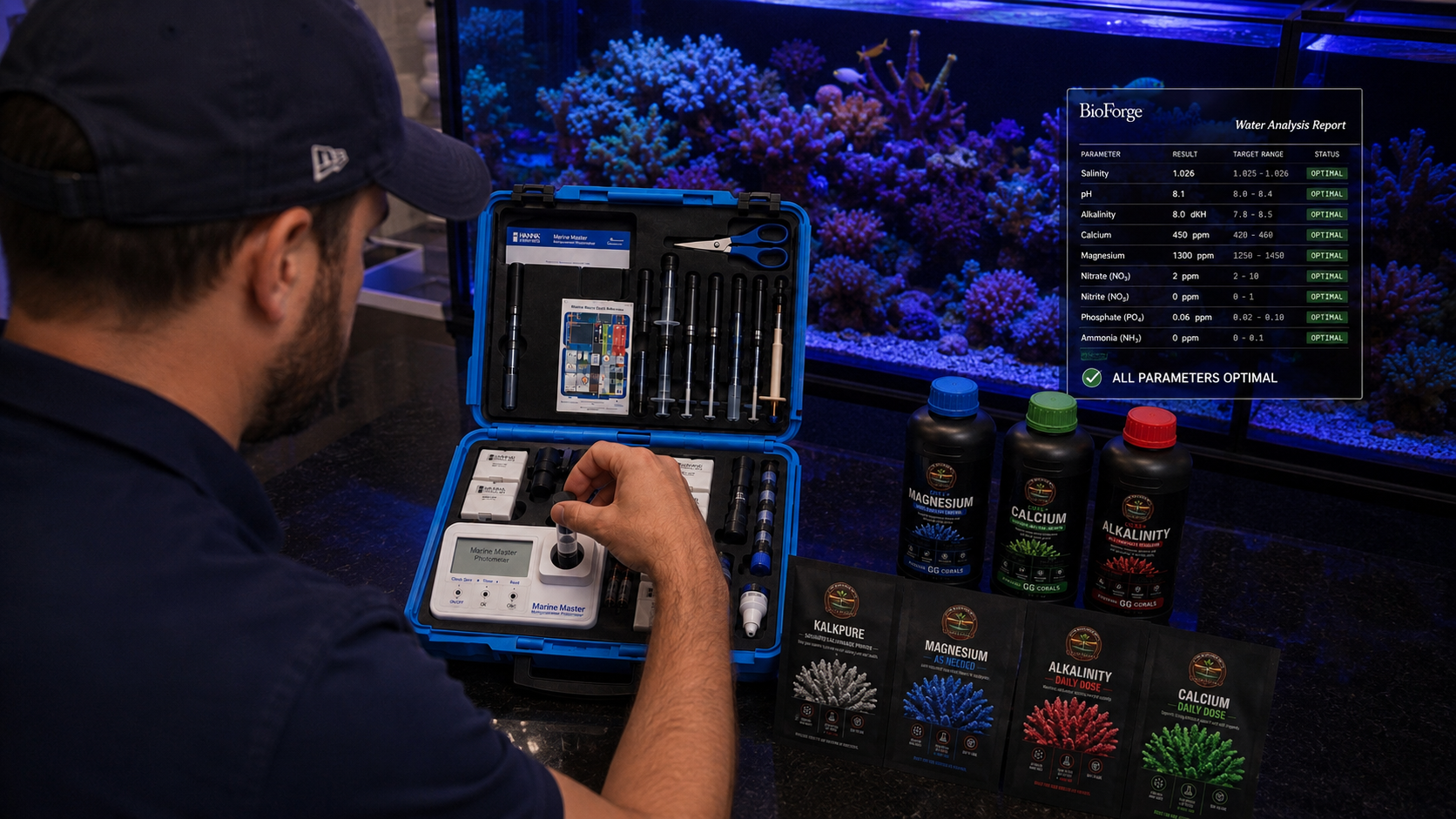 Carlos testing reef water chemistry with ICP analysis results showing all parameters optimal