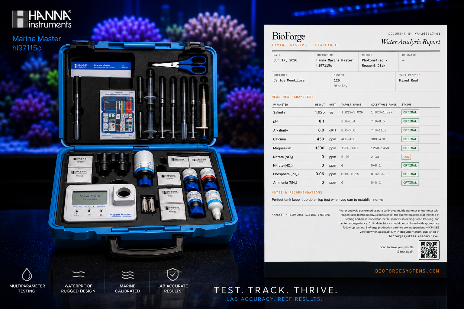 A detailed water analysis report showing precise lab-measured reef tank parameters