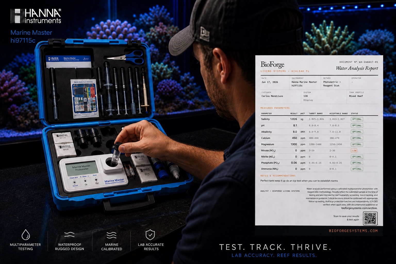 Reef water testing beside a BioForge water analysis report