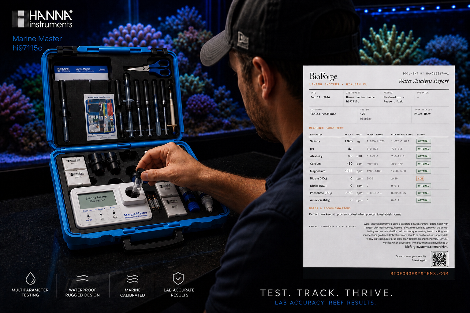 Reef keeper testing water parameters with Hanna Marine Master and BioForge Water Analysis Report