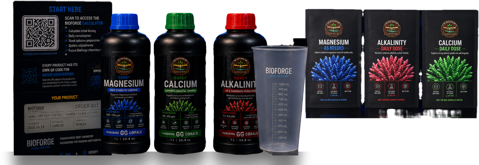 Everything in the BioForge Core+ starter kit: the START HERE batch card, three 1 L dosing bottles for Magnesium, Calcium and Alkalinity, a 1000 mL mixing beaker, and three Daily Dose packets