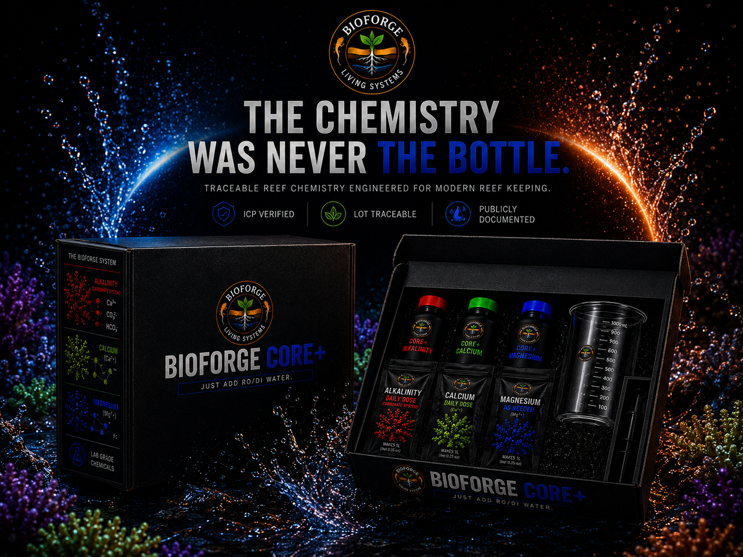 BioForge Core+ Starter Kit — custom black box with three branded chemistry bottles, daily-dose packets, mixing beaker, and dosing adapter